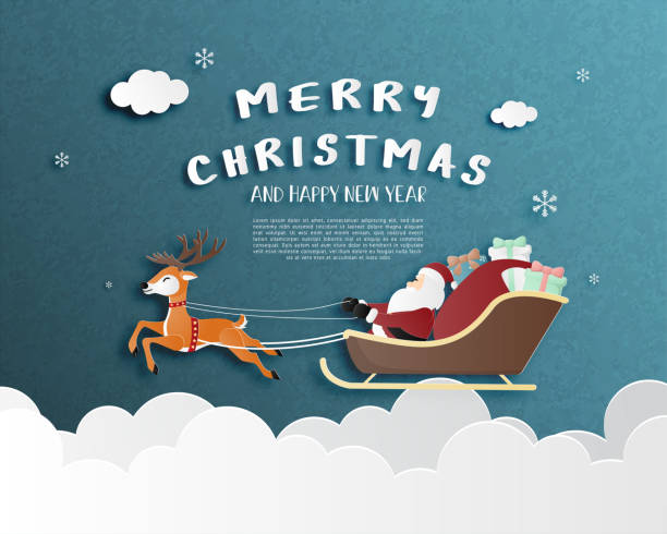 ilustrações, clipart, desenhos animados e ícones de feliz natal e cartão do ano novo feliz no estilo do corte de papel. - christmas santa claus gift invitation