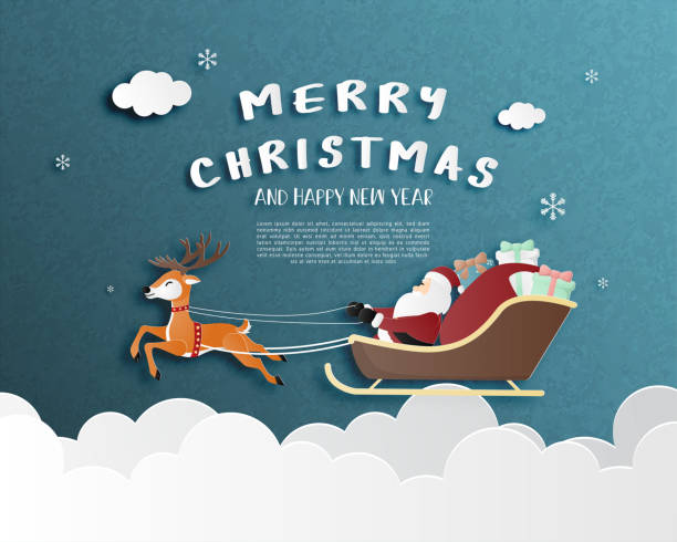 с рождеством христовым и с новым годом поздравительная открытка в стиле бумажного разреза. - sleigh stock illustrations