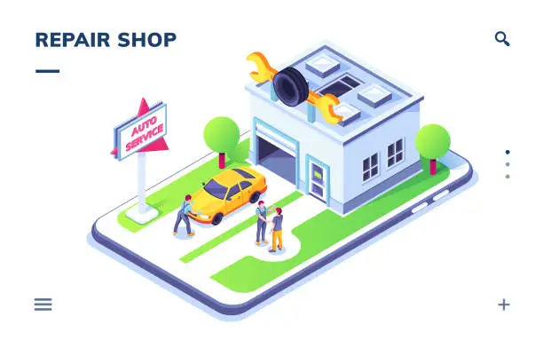 Vector illustration of Isometric car service with auto and mechanic. Automobile repair or paint isometry garage with tyre, tire. Transport maintenance or diagnostic, tuning or spare parts station.Smartphone application page