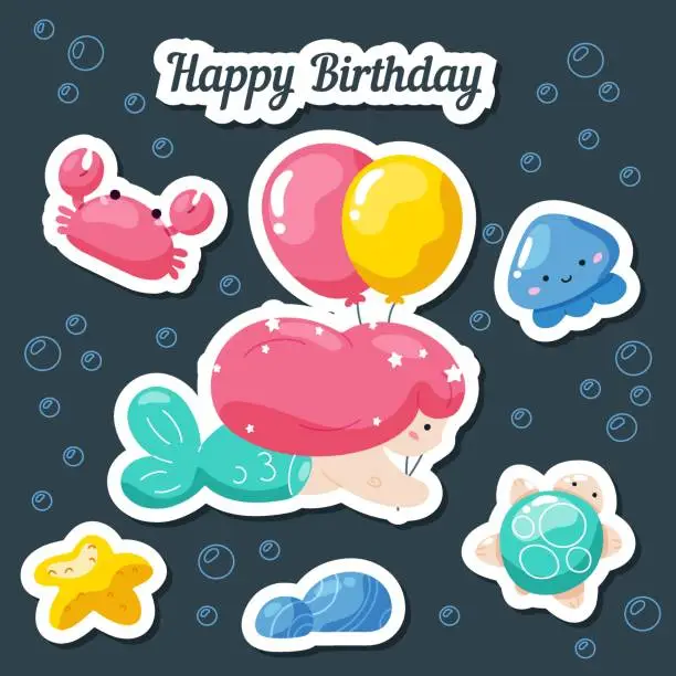 Vector illustration of Set of cute creative stickers templates with mermaid theme design. Hand Drawn card for birthday, party invitations, scrapbook, summer holidays. Vector illustration of Mermaid, and cute sea animals