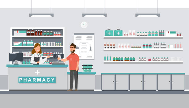 illustrations, cliparts, dessins animés et icônes de pharmacie avec pharmacien et client en contre - pharmacie