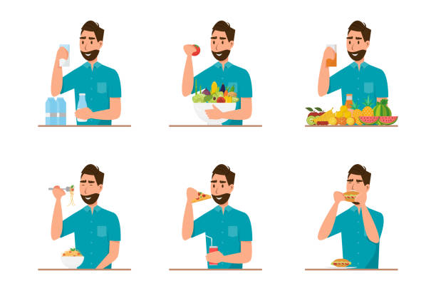 illustrazioni stock, clip art, cartoni animati e icone di tendenza di persone che mangiano cibo sano e fast food in diverso carattere - man eating