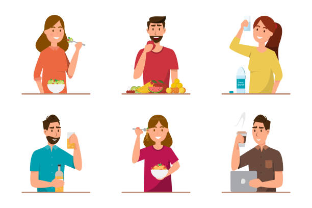 ilustrações de stock, clip art, desenhos animados e ícones de people eating healthy food and fast food in different character - man eating healthy