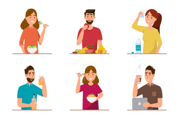 people eating healthy food and fast food in different character people eating healthy food and fast food in different character. Vector illustration in a flat style cartoon eating stock illustrations