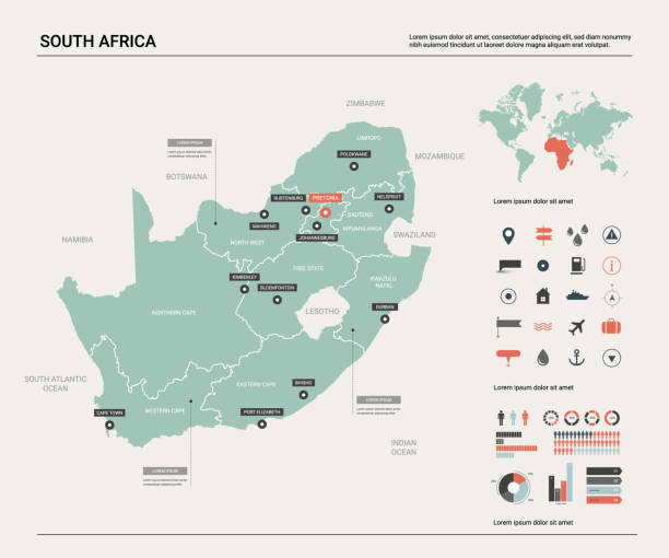 ilustrações, clipart, desenhos animados e ícones de mapa do vetor de áfrica do sul (rsa). mapa do país com divisão, cidades e capital pretoria. mapa político, mapa de mundo, elementos infográfico. - capital cities illustrations