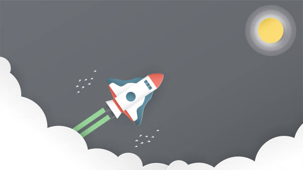 istock Vector illustration with start up concept in paper cut, craft and origami style. Rocket is flying. Template design for web banner, poster, cover, advertisement. It's art craft for kids. 1158091633