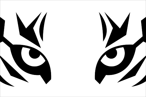 Close up eyes of tiger. Black and white t-shirt print with tiger face. Vector sticker