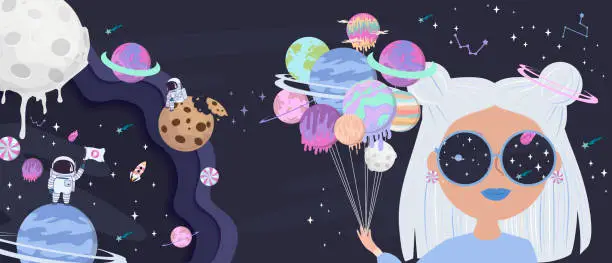 Vector illustration of Space girl cartoon poster with fantasy sweets planets, stars, candy and girl.