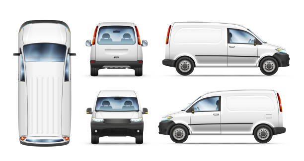 Set of realistic vector illustrations of mini van from different view. Set of realistic vector illustrations of mini van from top, side, front and back view. mini van stock illustrations