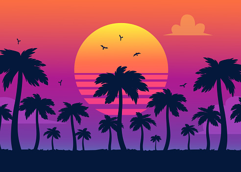 Vector purple sunset on background of palm silhouettes. California beach, summer vacation backdrop for design. Tropical sunset scene for travelling design.
