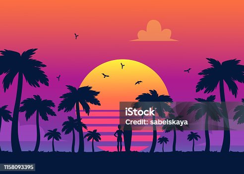 istock Silhouettes of tropical summer palm trees, surfer and the beach on the background of a gradient sunset. 1158093395