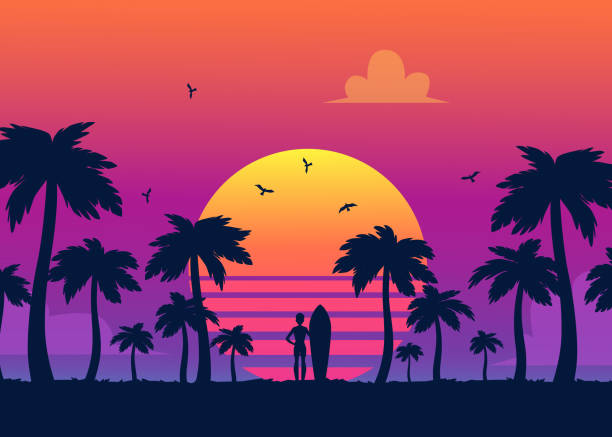 Silhouettes of tropical summer palm trees, surfer and the beach on the background of a gradient sunset. Silhouettes of tropical summer palm trees and the beach on the background of a gradient sunset. Silhouettes of surfer at summer sunset, retro vector illustration. caribbean beach sunset stock illustrations