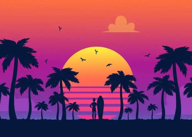 Vector illustration of Silhouettes of tropical summer palm trees, surfer and the beach on the background of a gradient sunset.