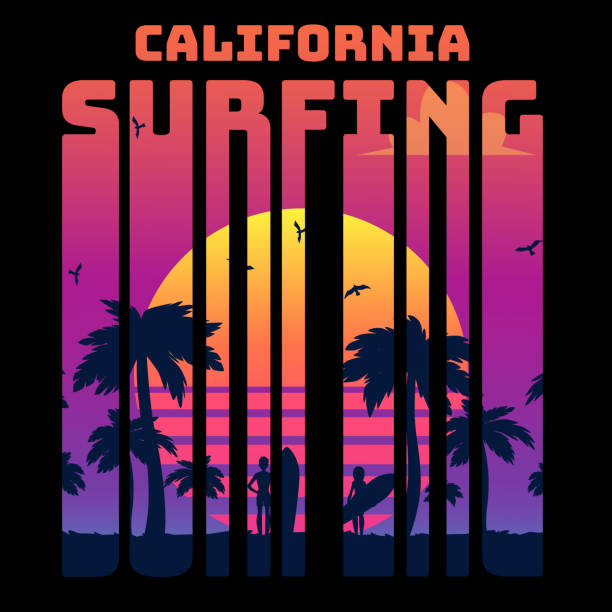 夏の熱帯テキストカリフォルニアサーフィン夕日のグラデーションと手のひらとサーファーのシルエット。 - text surfing surf palm tree点のイラスト素材／クリップアート素材／マンガ素材／アイコン素材