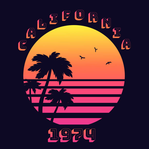 Summer tropical text California 1974 with sunset gradient and palms silhouette on black background. Summer tropical text California 1974 with sunset gradient and palms silhouette on black background. Vector illustration in retro 80s style. Surfing design with California, summer and beach. 1974 stock illustrations