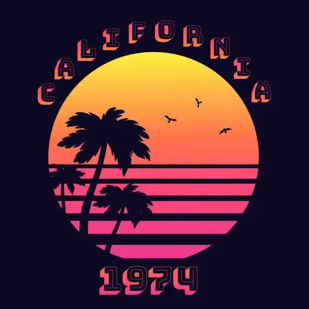 Vector illustration of Summer tropical text California 1974 with sunset gradient and palms silhouette on black background.
