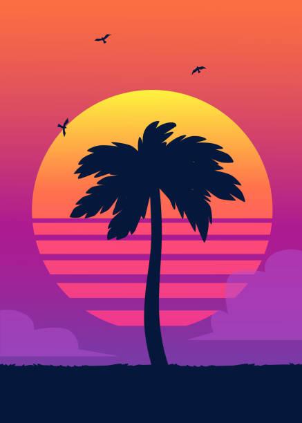 Silhouette of tropical palm tree on the background of a gradient sunset. Silhouette of tropical palm tree on the background of a gradient sunset. Vintage summer poster. Tropical summer vector illustration. caribbean beach sunset stock illustrations