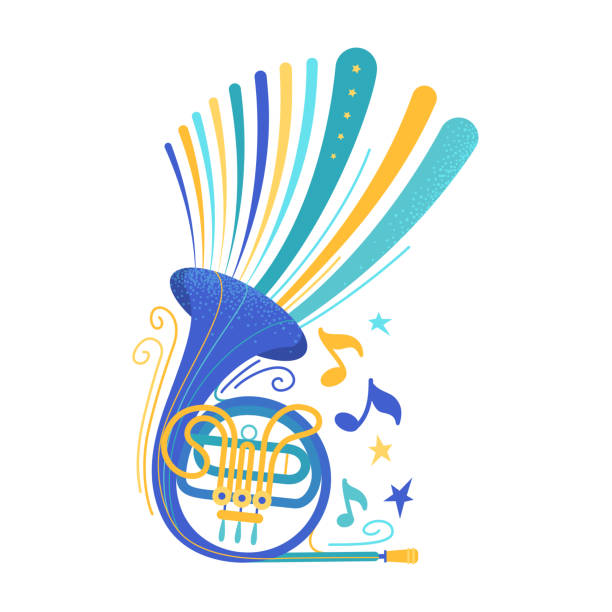 ブルーフレンチホーンフラットベクトルイラスト - bugle trumpet jazz music点のイラスト素材／クリップアート素材／マンガ素材／アイコン素材