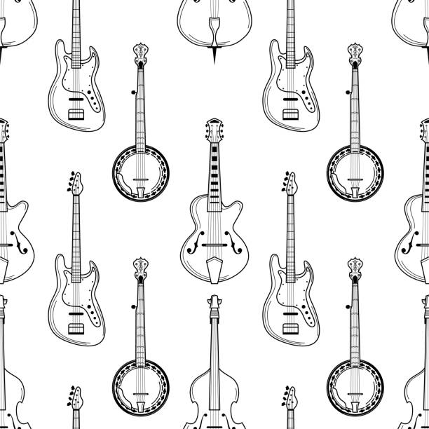 Strumming instruments hand drawn outline seamless pattern Strumming instruments hand drawn outline seamless pattern. Guitar, banjo, cello texture. Black contour string instruments on white background. Music festival, jazz performance wrapping paper design banjo stock illustrations
