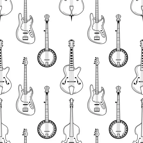 Vector illustration of Strumming instruments hand drawn outline seamless pattern