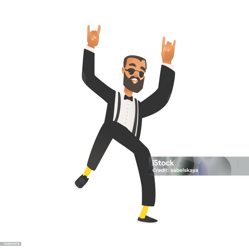 Happy Dancing Groomsman Man In Suit With Beard Tuxedo In Flat Cartoon Style  Stock Illustration - Download Image Now - iStock