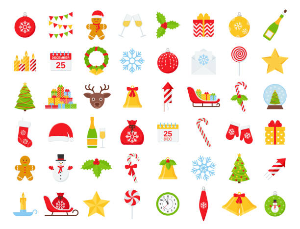 クリスマス冬のアイコンセット。フラットデザインのベクトルイラストレーション。 - santa claus sleigh toy christmas点のイラスト素材／クリップアート素材／マンガ素材／アイコン素材
