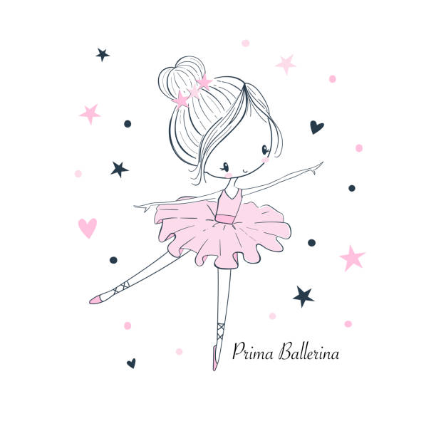 Cartoon little Prima Ballerina. Simple linear vector graphic isolated illustration artoon little Prima Ballerina. Simple linear isolated vector graphic on a white background. Fashion doodle illustration for kids clothing. Use for print, surface design, fashion wear dancing school stock illustrations
