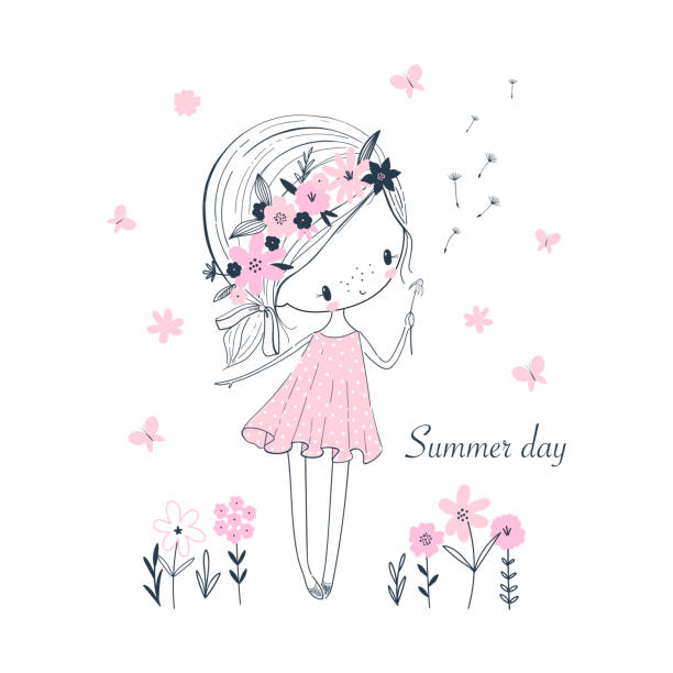 ilustrações de stock, clip art, desenhos animados e ícones de cute little cartoon girl white flowers. childish vector isolated illustration - summer backgrounds line art butterfly