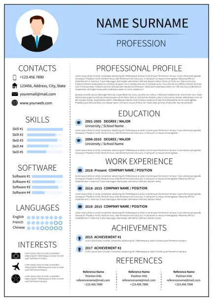 Vector illustration of Modern CV layout with infographic. Resume template for man. Minimalistic  curriculum vitae design. Employment vector illustration.