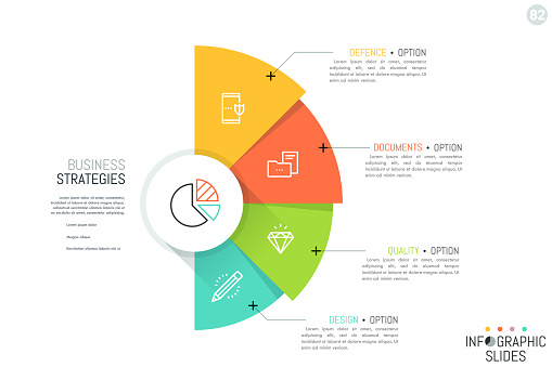 Semicircle with 4 overlapping colorful sectors, icons and text boxes. Business strategies and strategic development options concept. Infographic design layout. Vector illustration for presentation.