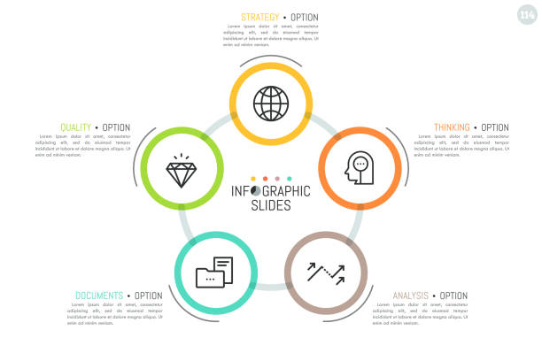 5カラフルな円形の要素、それらの中にピクトグラムとテキストボックスを持つ円形の図。最小限のインフォグラフィックデザインテンプレート。 - 2966点のイラスト素材／クリップアート素材／マンガ素材／アイコン素材