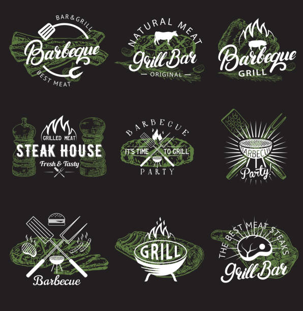 wektorowy zestaw zabytkowych emblematów do grillowania, logo, odznak i etykiet - pig roasted barbecue grill barbecue stock illustrations