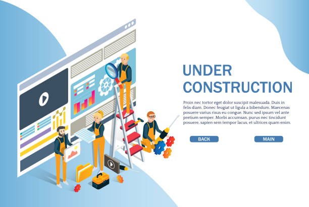 Under construction website page, web banner vector template Under construction website page, web banner template. Vector isometric illustration with characters team professionals fixing web site page. Website repair services concept. editor page stock illustrations