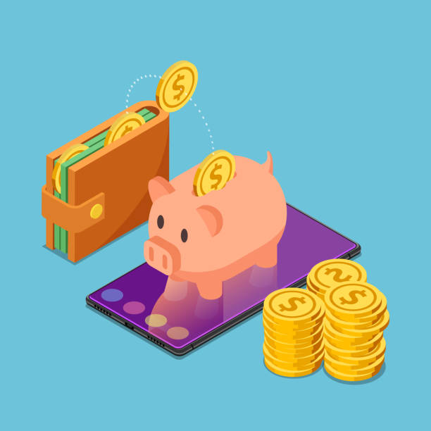 ilustrações de stock, clip art, desenhos animados e ícones de isometric piggy bank on smartphone with wallet and dollar coins - wallet buying white dollar