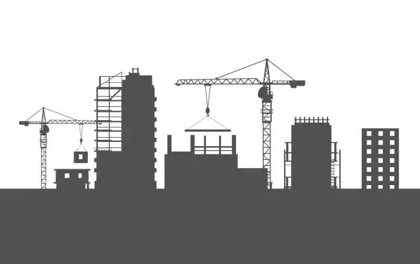 Vector illustration of Four Unfinished Buildings. Two Cranes. Colourless