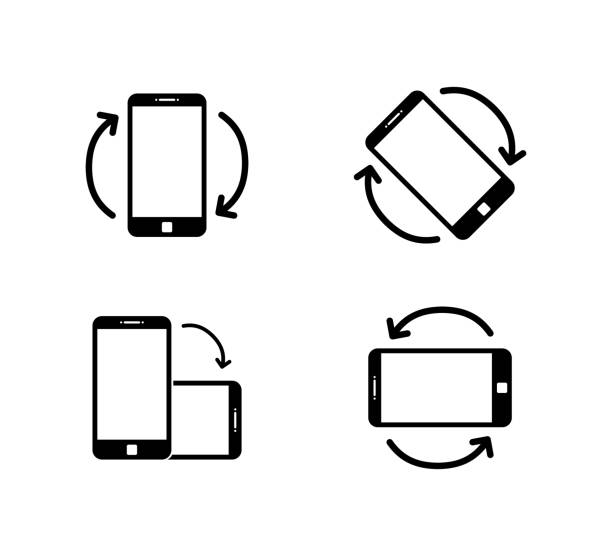 ilustraciones, imágenes clip art, dibujos animados e iconos de stock de gire el icono del teléfono inteligente aislado. rotación de la pantalla móvil. iconos de rotación horisontal o vertical. - dar vueltas