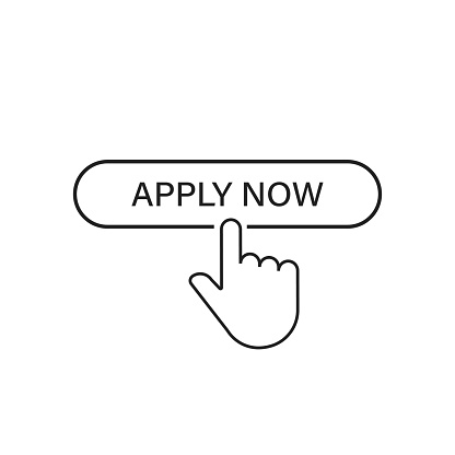 Apply now linear button icon isolated with hand pointer. Click finger illustration. Registration button. EPS 10