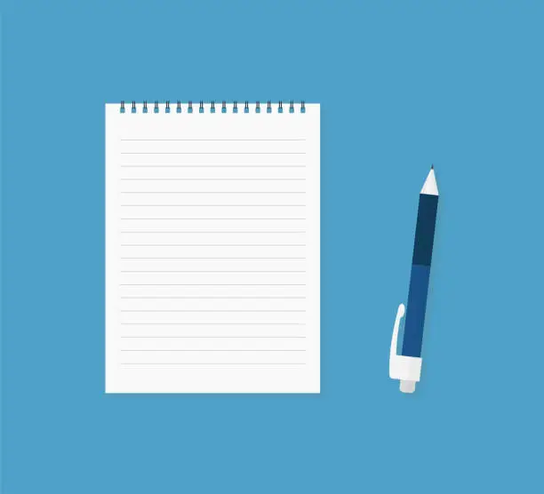 Vector illustration of Notebook and pen on blue background. Empty paper. Businnes workspace. Education concept.