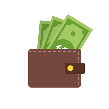 Wallet with money. Royalty or cash illustration intrandy flat design. Payment dollar in wallet. EPS 10