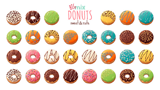 Vector colorful illustrations on the sweets theme; big set of different kinds of glazed donuts decorated with toppings, chocolate, nuts. Realistic isolated objects for your design.