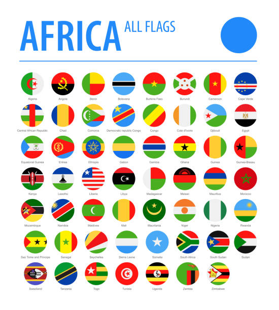 illustrazioni stock, clip art, cartoni animati e icone di tendenza di africa all flags - icone piatte vettoriali rotonde - flag national flag africa african culture