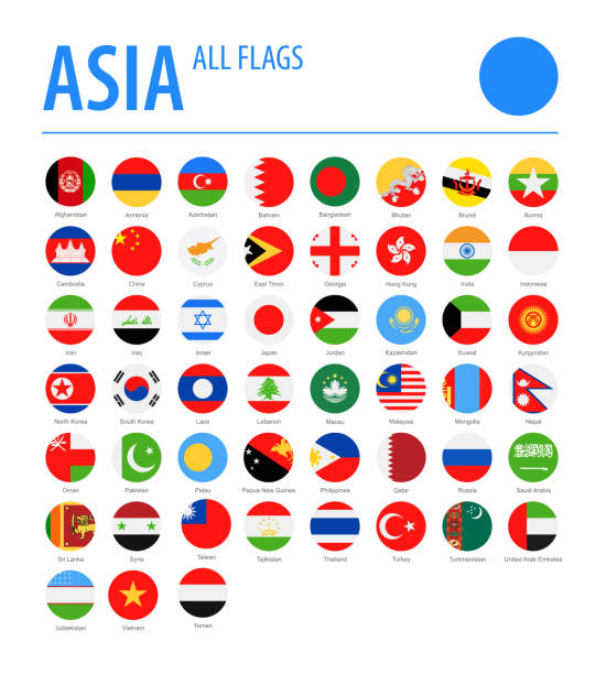 illustrazioni stock, clip art, cartoni animati e icone di tendenza di asia all flags - icone piatte rotonde vettoriali - sud est asiatico
