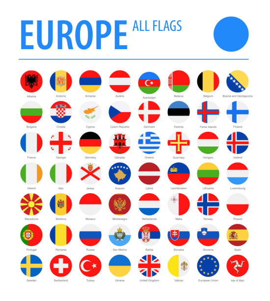 ilustraciones, imágenes clip art, dibujos animados e iconos de stock de europa todas las banderas - vector round flat icons - europa