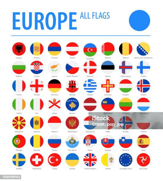 Ilustración de Europa Todas Las Banderas Vector Round Flat Icons y más Vectores Libres de Derechos de Bandera