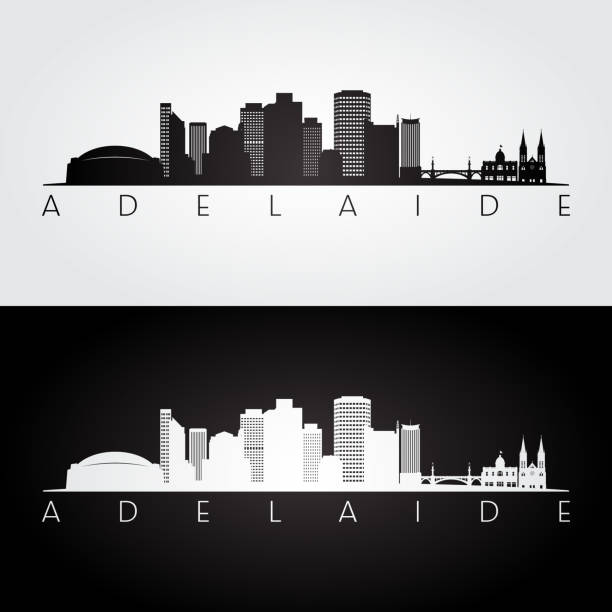 阿德萊德天際線和地標剪影,黑白設計,向量插圖。 - 澳洲南部 插圖 幅插畫檔、美工圖案、卡通及圖標