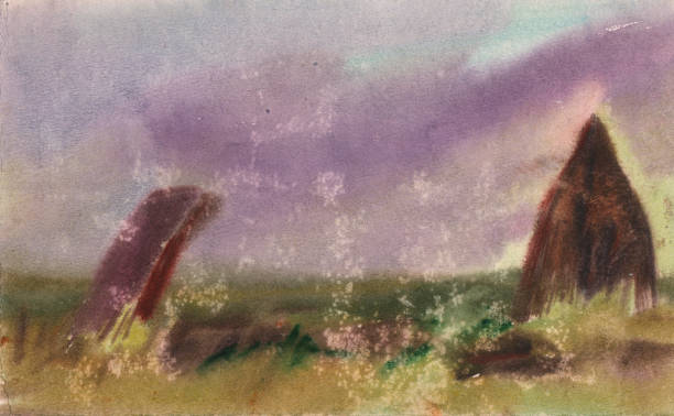 istock Landscape. Watercolor sketch of rocks at sunset. Menhirs, illustration. 1158099302