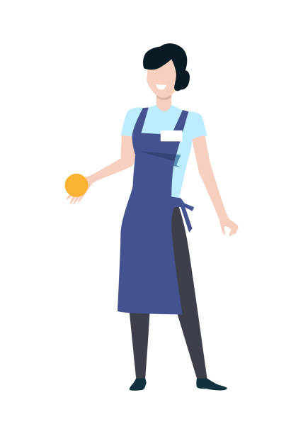 Shop Assistant Woman Character Vector Illustration Shop assistant or seller character vector template. Flat design. Smiling woman in blue apron with orange fruit in hand standing on white background. Grocery shop, supermarket, mall personnel. merchandiser stock illustrations