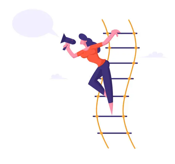 Vector illustration of Woman Shouting in Loudspeaker or Megaphone Standing on Suspended Ladder, Businesswoman Social Marketing Promotion Announcement, Success Career, Hiring Employee Concept Cartoon Flat Vector Illustration