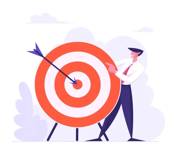 Vector illustration of Business Strategy Concept. Businessman Holding Huge Target with Arrow in Center, Business Goals Achievement, Aims, Mission, Opportunity and Challenge. Task Solution Cartoon Flat Vector Illustration