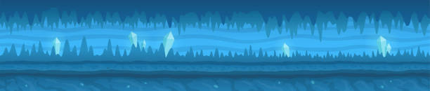 illustrazioni stock, clip art, cartoni animati e icone di tendenza di grotta ghiacciata blu con cristalli bianchi lucidi - stalactite